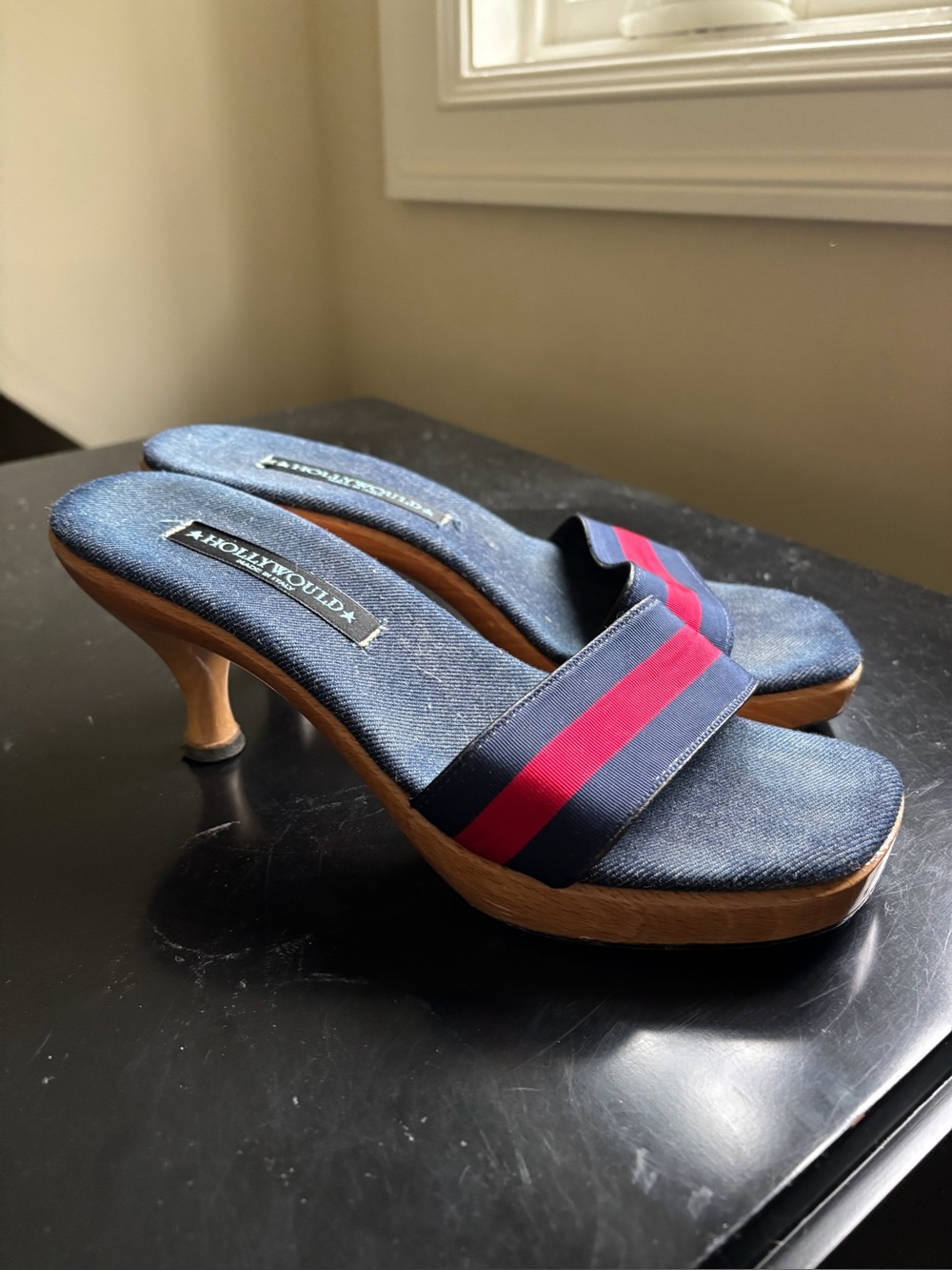 HOLLUWOULD NAVY RIBBON Slide Sandals with RED Stripe - JULY 4th